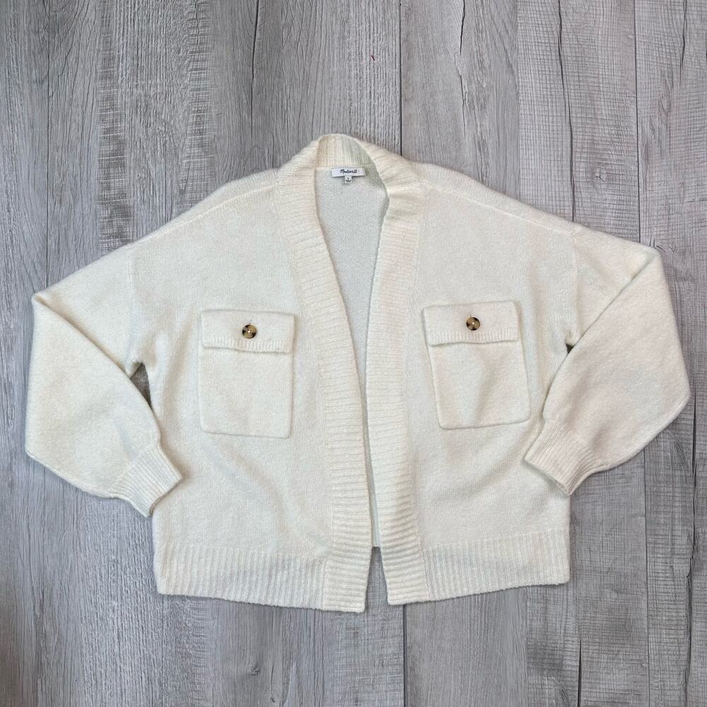 Madewell Cream Sweater Cargo Cardigan WMNS Large Open Front w/Flap Pockets Knit
